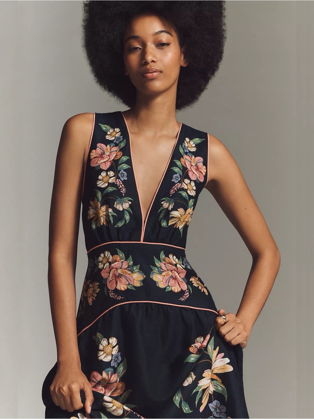 FARM RIO Maira Floral Linen Sleeveless Plunge Maxi Dress SMALL Navy Blue NWT - Picture 3 of 7